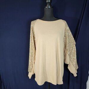 7th & Ray Womens Holiday Sweater Long Sleeve Oversized Tan Sequin Fuzzy Party Lg